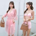Set: Plain Bikini + 3/4-sleeve Lace Cover-up