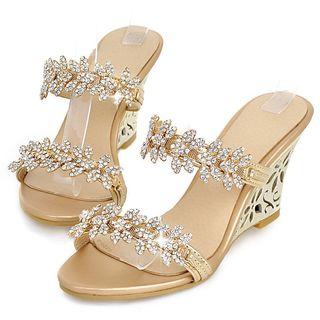 Embellished Faux Leather Wedge Slide Sandals