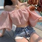Off-shoulder Textured Crop Top Pink - One Size