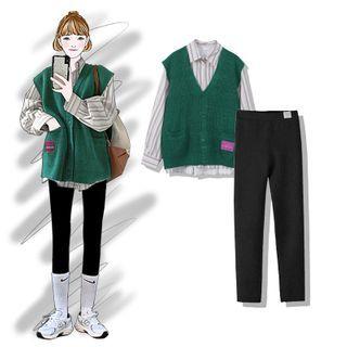 Single-breasted Knit Vest / Striped Shirt / Leggings