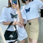 Butterfly Print Short-sleeve Cropped T-shirt / Elbow-sleeve T-shirt