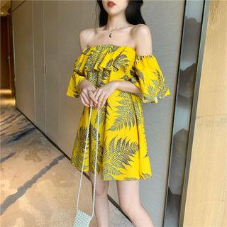 Flutter-sleeve Leaf Print Mini Sundress