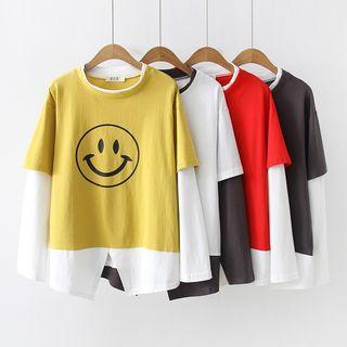 Mock Two-piece Long-sleeve Smiley Face Print T-shirt