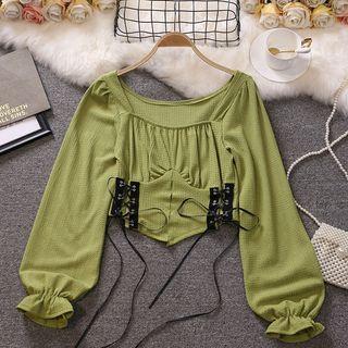 Square Neck Lace-up Cropped Blouse