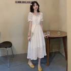 Puff-sleeve Square-neck Printed A-line Dress
