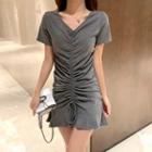 V-neck Drawstring Pleated Dress