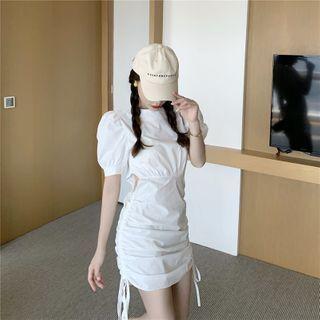 Cut-out Drawstring Ruched Puff-sleeve Mini Sheath Dress