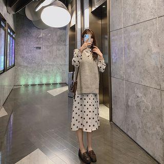 Dotted Long-sleeve Midi A-line Dress / Knit V-neck Vest / Set