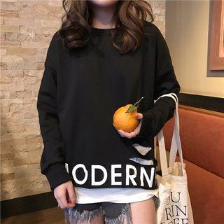Set: Print Distressed Long-sleeve T-shirt + Plain Top