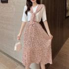 Set: Elbow-sleeve T-shirt + Floral Print Pleated Skirt