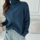 High-neck Zip-up Rib Cardigan Blue - One Size