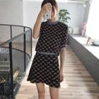 Set: Printed Short-sleeve Knit Top + Knitted A-line Skirt