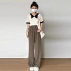Short-sleeve Two-tone Blouse / Wide Leg Dress Pants / Set