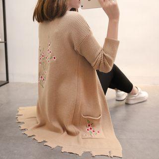 Embroidered Distressed Long Cardigan