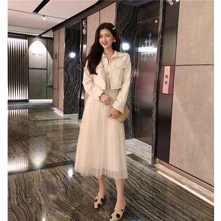 Set: Cropped Buttoned Jacket + Spaghetti Strap A-line Midi Dress
