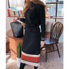 Set: Drawstring-hem Knit Top + Color-block Knit Skirt