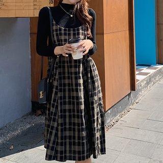 Set: Long-sleeve Plain Knit Top + Spaghetti Strap Plaid Dress