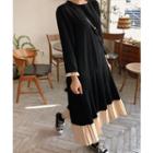 Contrast-trim Pleated Dress Black - One Size