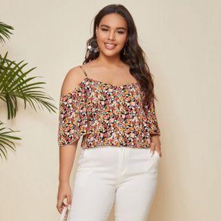 Plus Size Cold-shoulder Floral Blouse