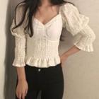 Puff-sleeve Lace Panel Smocked Crop Top