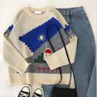 Color-block Crewneck Long-sleeve Sweater Almond - One Size