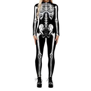 Long-sleeve Skeleton Print Fitted Jumpsuit