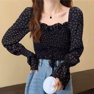 Ditsy Drawstring Smocked Blouse