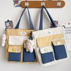 Set: Color Block Tote Bag + Badge + Cartoon Charm