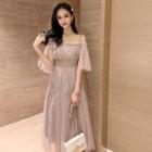 Mesh Off-shoulder Elbow-sleeve Midi A-line Dress