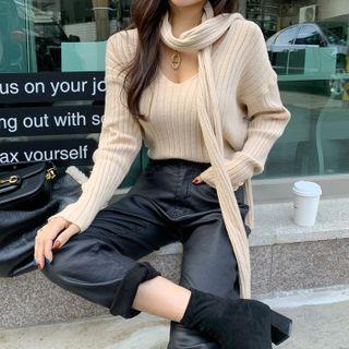 V-neck Rib-knit Top With Scarf