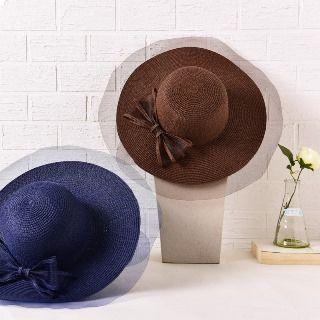Bow-accent Mesh Panel Straw Hat