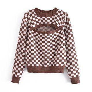 Cut-out Check Sweater Coffee - S