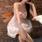 Spaghetti-strap Floral Bow Mini A-line Dress White & Pink - One Size
