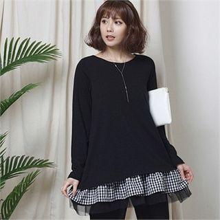 Frilled Check-hem Blouse Black - One Size