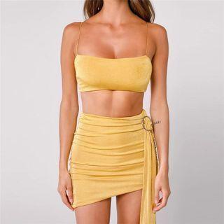 Set: Plain Tube Top + Tie-waist Ruched Mini Skirt