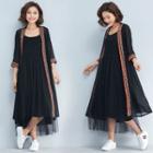 Strappy Midi A-line Dress / Embroidered 3/4-sleeve Long Jacket