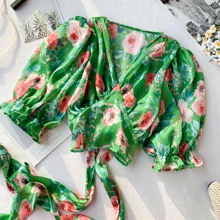 Elbow-sleeve Tie Waist Floral Print Top