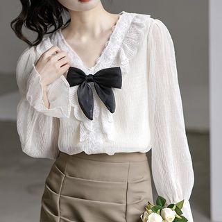 Long-sleeve V-neck Bow Chiffon Blouse