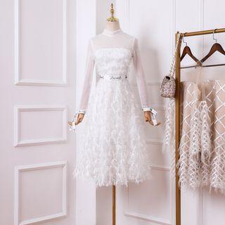 Long-sleeve Maxi Feather A-line Dress