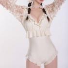 Long-sleeve Butterfly Mesh Frill Trim Swimsuit