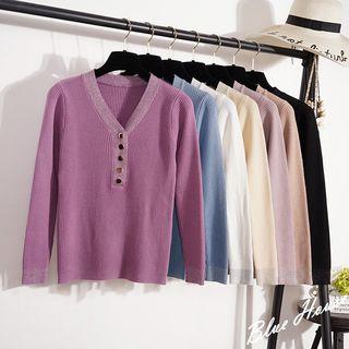 Long-sleeve V-neck Button-detail Knit Top