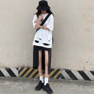 Elbow-sleeve Ripped T-shirt / Asymmetric Cutout Midi Skirt