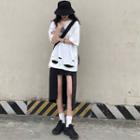 Elbow-sleeve Ripped T-shirt / Asymmetric Cutout Midi Skirt