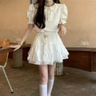 Puff-sleeve Wood Ear Trim Top / High-waist A-line Tiered Skirt