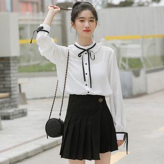 Ruffle Blouse / Asymmetric Hem Pleated Skirt