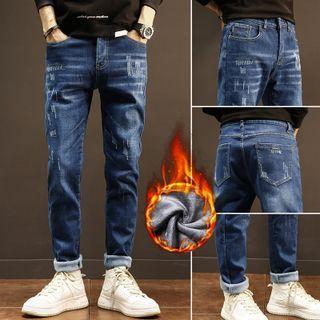 Distressed Fleece-lined Slim Fit Jeans