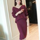 Set: V-neck Long-sleeve Knit Sweater + Midi Skirt