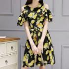 Lemon Print Cold Shoulder A-line Dress