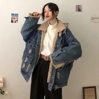 Distressed Fleece-lined Loose-fit Denim Jacket