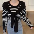 Long-sleeve Striped Mock Shawl Knit Top